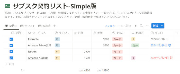 Notionでサブスクリプション管理のシンプル版　契約中リスト