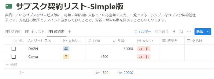 Notionでサブスクリプション管理のシンプル版　解約済リスト